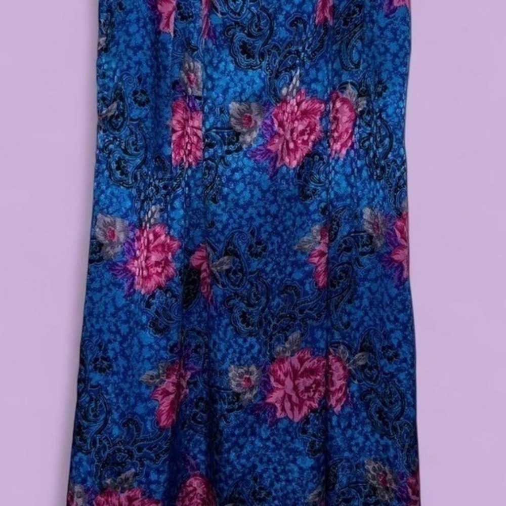 Vintage Teal Blue Pink Floral Paisley Midi Skirt High Waisted A-Line Boho M - Picture 3 of 5